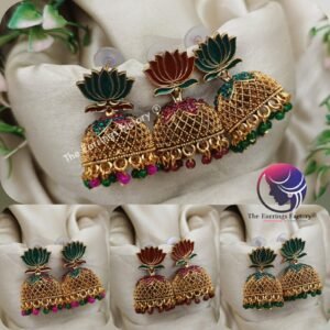 Traditional Golden Colourful Lotus Stone Jhumka