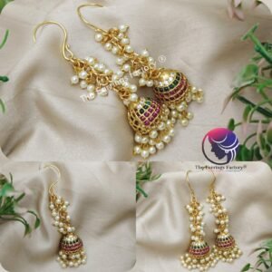 Traditional Antique Pearl Beads Multi Stone Hook Jhumka