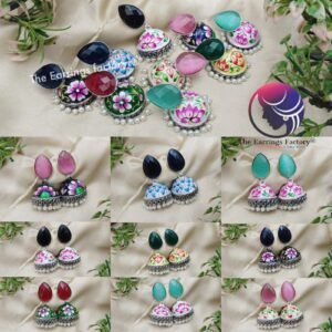 Trending Oxidized Silver Hand Painted Meenakari Crystal Stone Jhumka