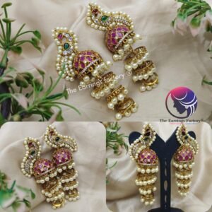 Traditional Antique Peacock  Multi Stone pearl beads Four layer Jhumka