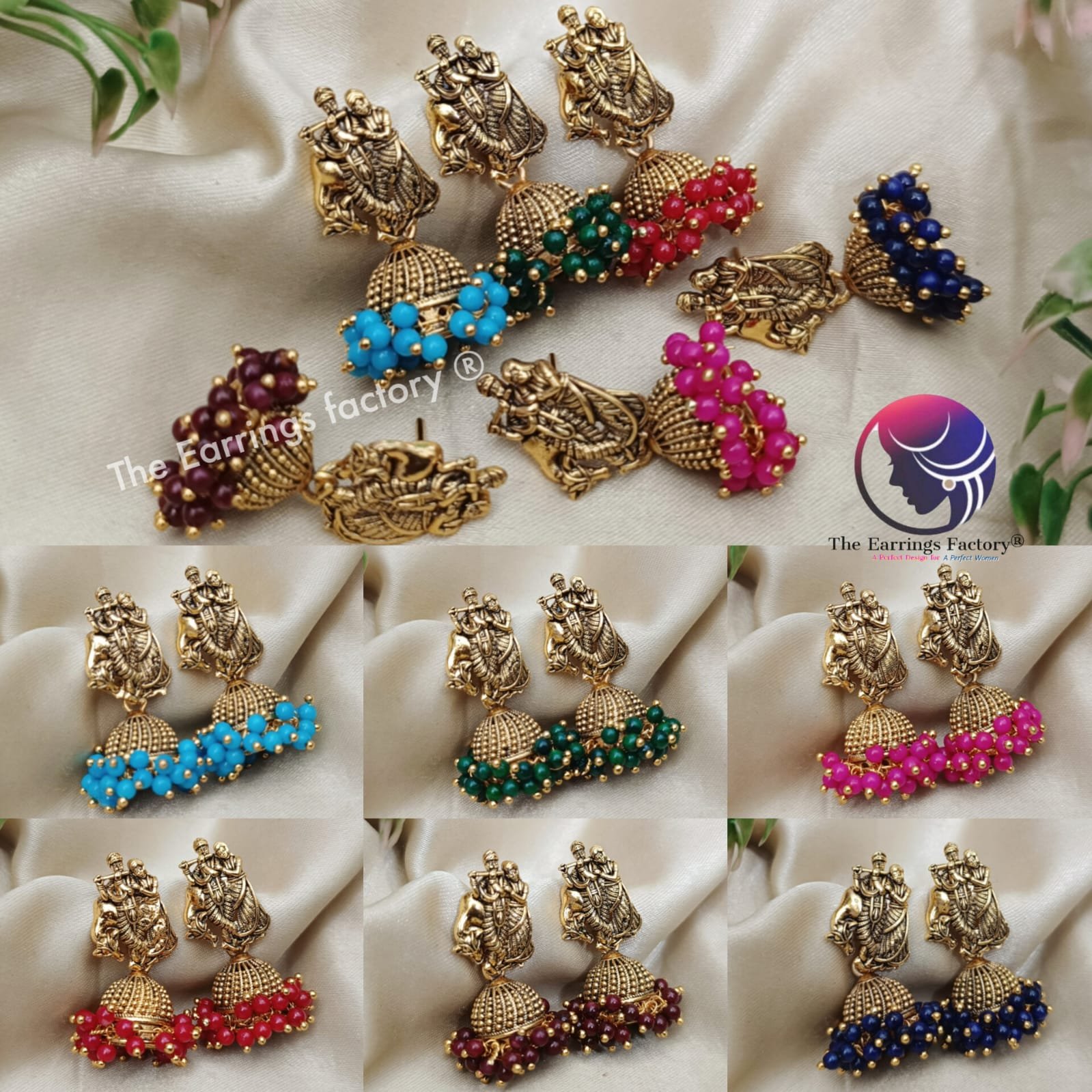 Traditional Golden Colourful Pearl Beads Radha Krishna Jhumka