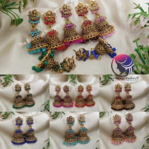 Traditional Golden Lakshmi Colourful Pearl Beads Temple Stone Jhumka