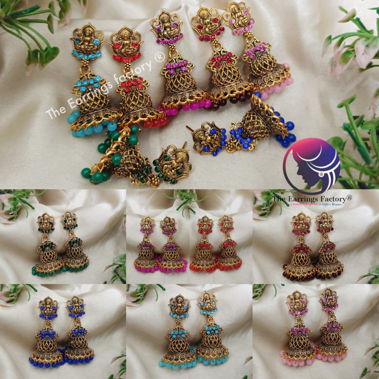 Traditional Golden Lakshmi Colourful Pearl Beads Temple Stone Jhumka