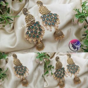 Traditional Golden Peacock Feather stone Long Jhumka