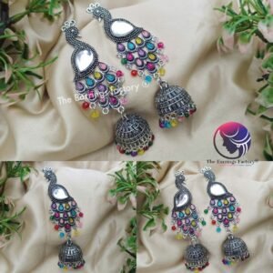 Traditional Silver Peacock Multi colour stone Long Jhumka