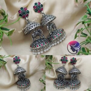 Trending Oxidised Two Layer Multi Stone Elephant Jhumka