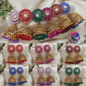 Traditional Golden Colourful Pearl Beads Floral Stone Jhumka