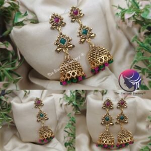 Traditional Golden Multi Stone Long Jhumka