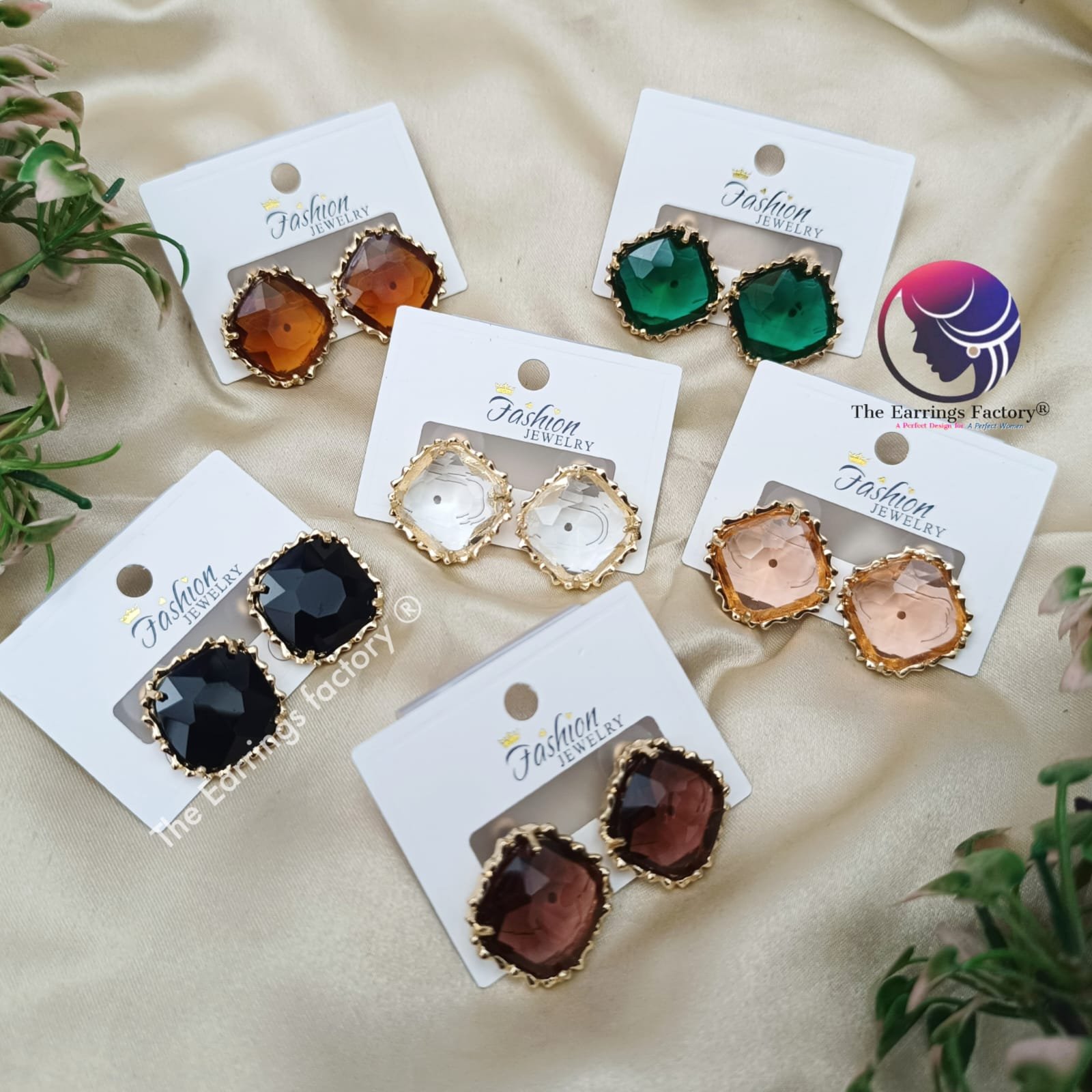 Western Golden Premium Transparent Square Shape Crystal Stone Studs