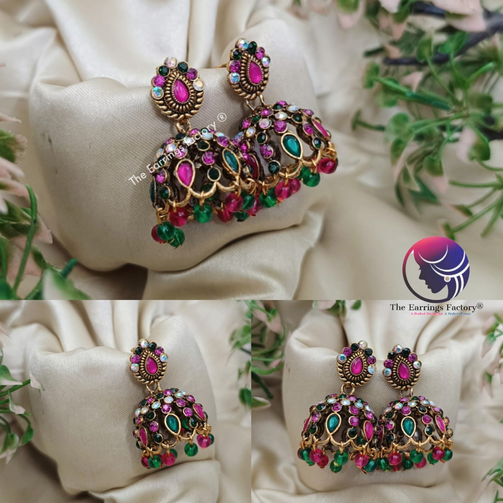 Traditional Golden Colourful Beads Multi colour Stone Jhumka