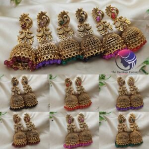 Traditional Golden Peacock Colourful Pearl Beads Stone Jhumka