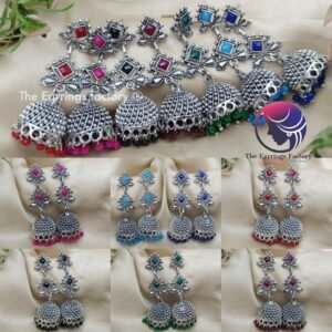 Traditional Silver Colourful Pearl Beads Stone Jhumka