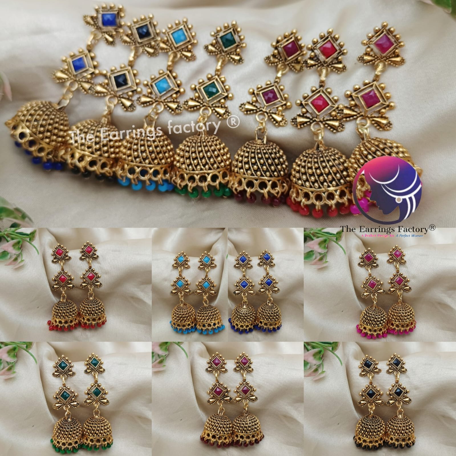 Traditional Golden Colourful Pearl Beads Stone Jhumka