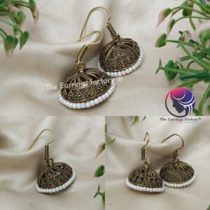 Trending Oxidised Mehandi Colour White Beads Hook Jhumka
