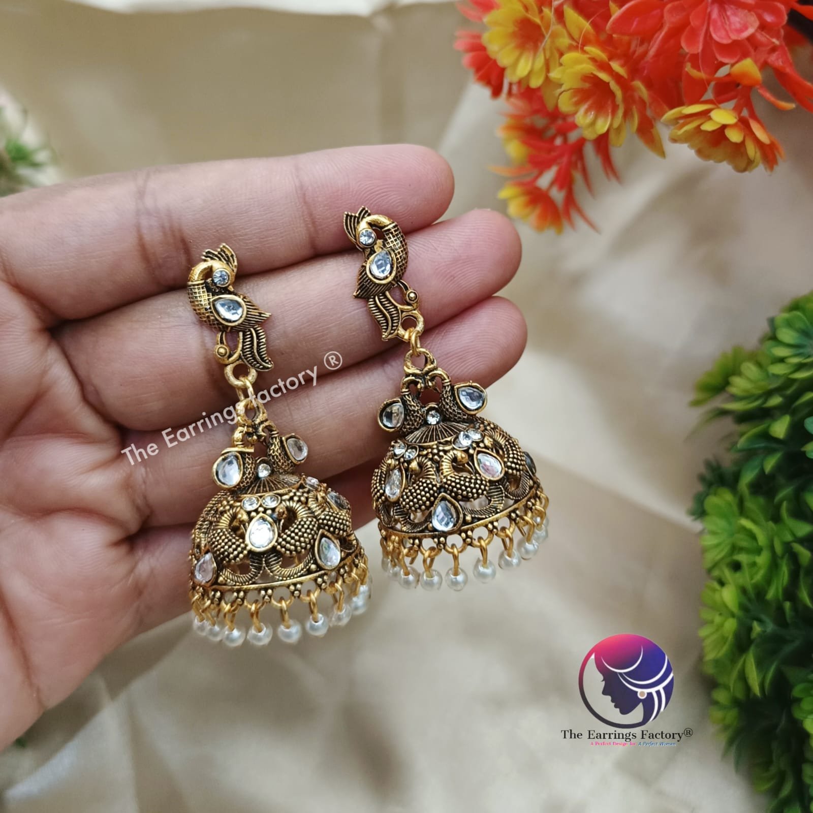 Traditional Golden Peacock Long Stone Jhumka