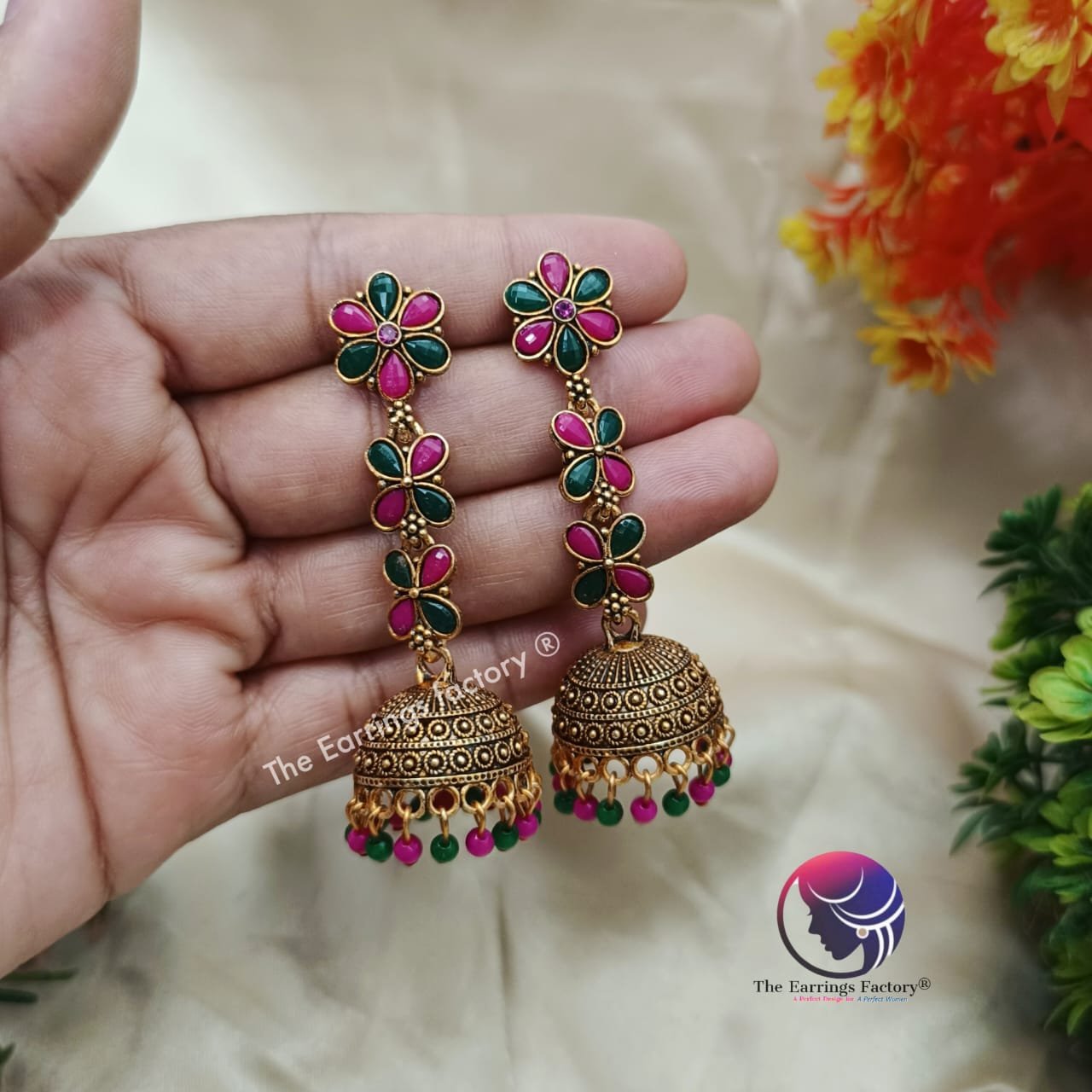 Traditional Golden Multi Colour Floral Long Stone Jhumka