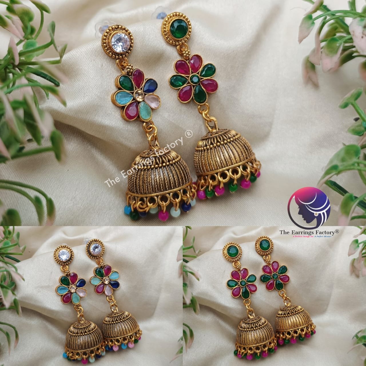Traditional Golden Multi Colour Floral Long Stone Jhumka
