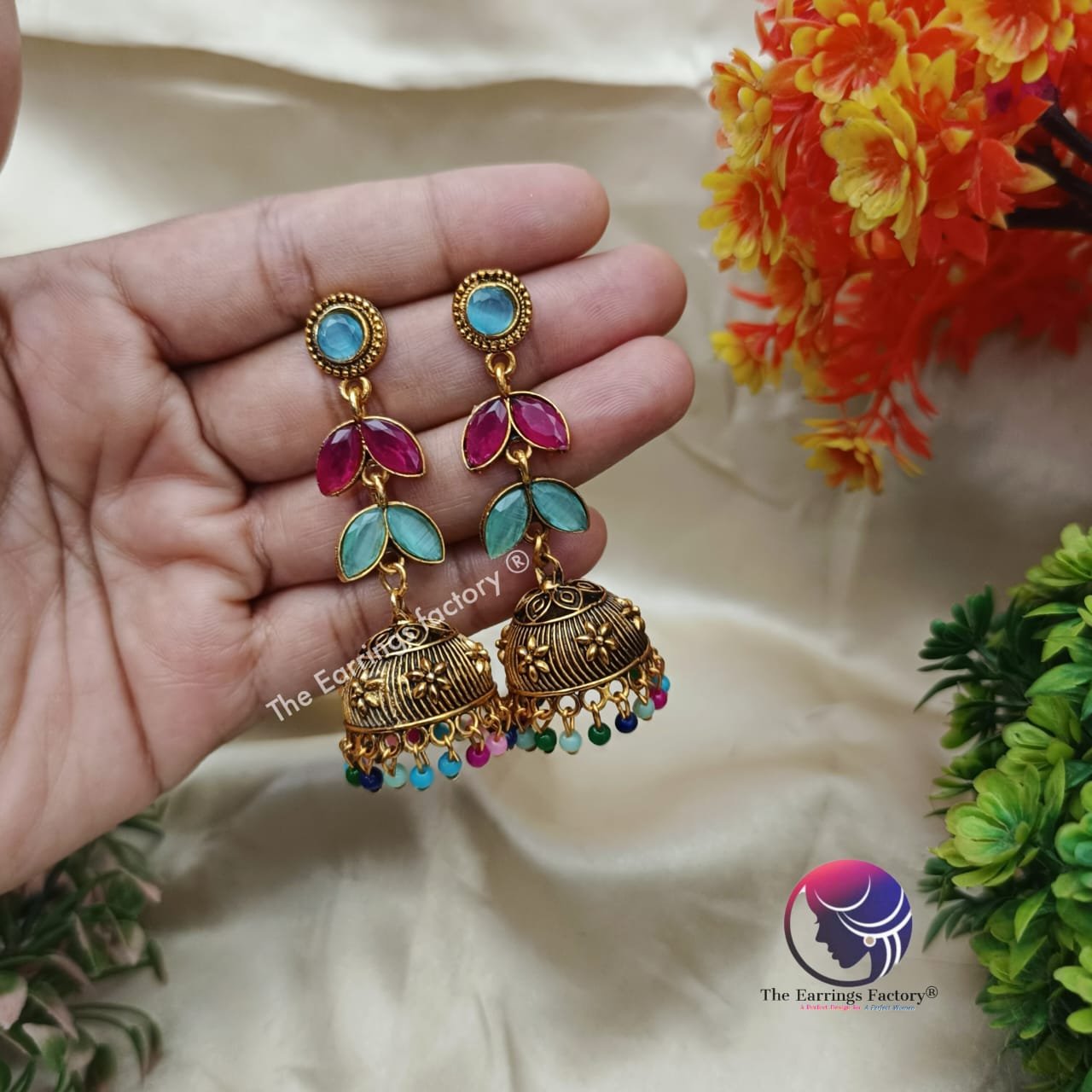 Traditional Golden Multi Colour Long Stone Jhumka