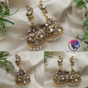 Traditional Golden Peacock Long Stone Jhumka