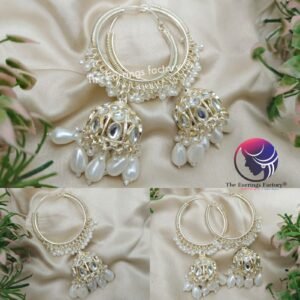 Trending Kundan Stone  white pearl beads Hoop ring stone Jhumka