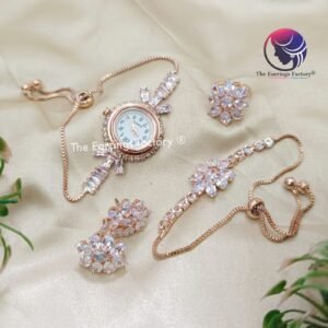 Stylish AD Stone Rose Gold Adjustable Watch Bracelet Combo