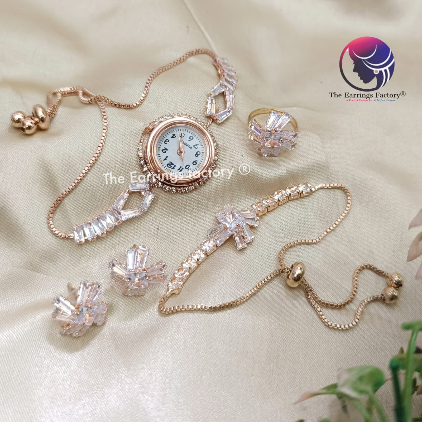 Stylish AD Stone Rose Gold Adjustable Watch Bracelet Combo