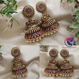 Traditional Golden White Pearl Beads Multi Stone Jhumka