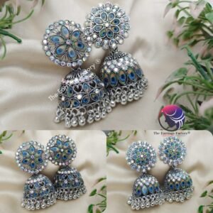 Trending Silver Metal Beads Peacock Feather Blinking stone Jhumka