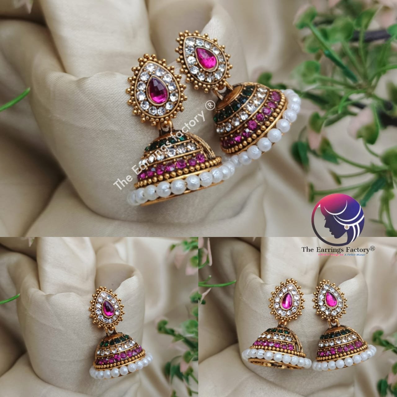 Traditional White Pearl Golden Colourful Multi Stone Pearl Jhumka