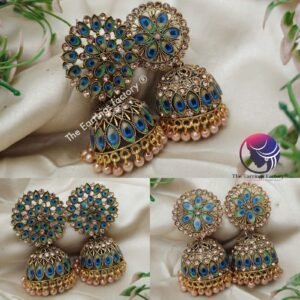 Trending Golden Pearl Beads Peacock Feather Stone Jhumka