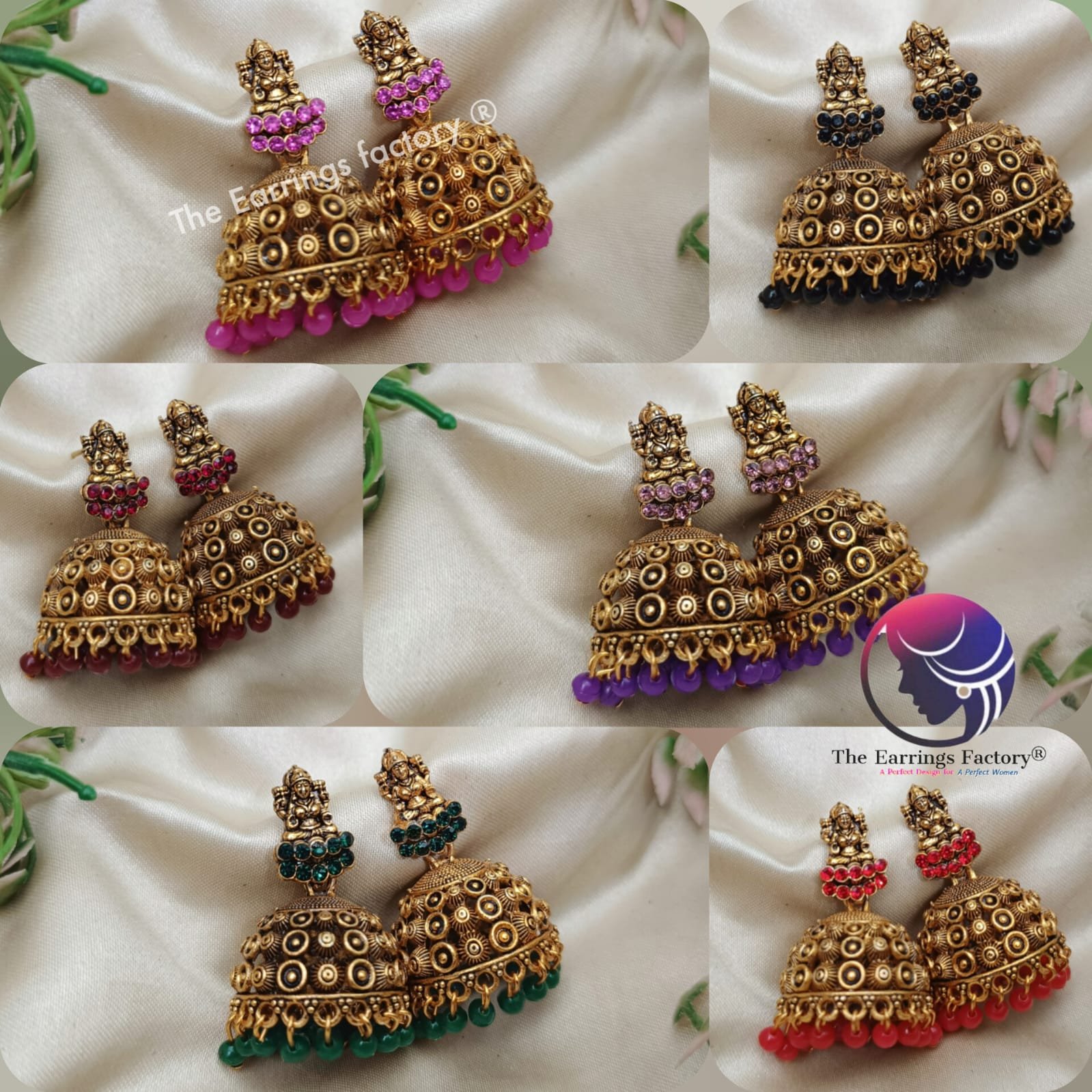 Traditional Golden Lakshmi Colourful Beads stone Jhumka