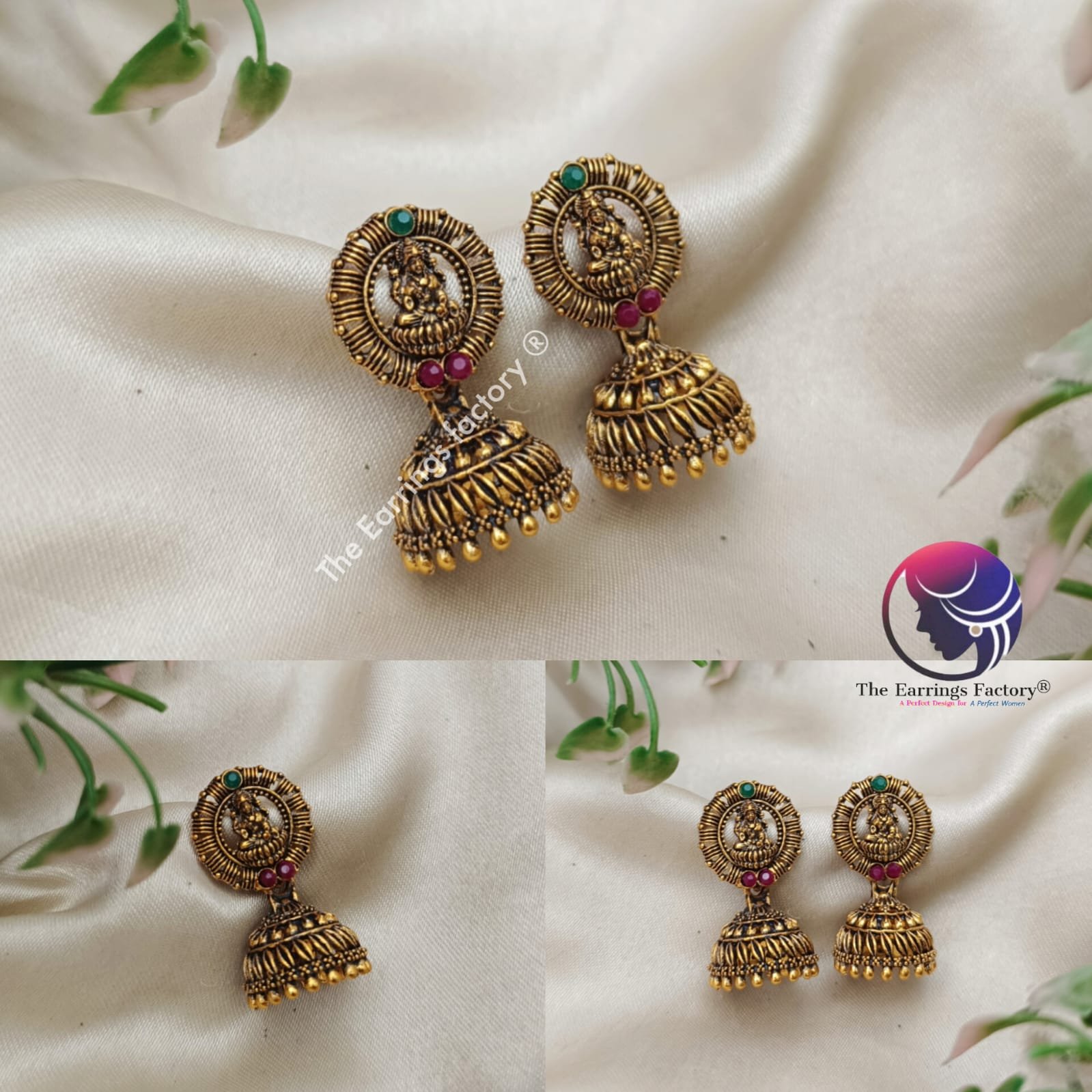 Traditional Golden Multi Stone Lakshmi Temple Jhumka