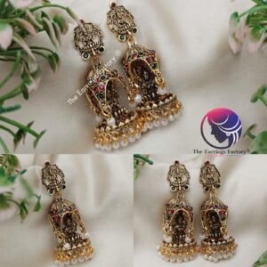 Traditional Golden Lakshmi Pearl beads Stone temple Jhumka