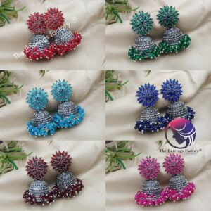 Traditional Silver Colourful Pearl Beads Floral Stone Jhumka l