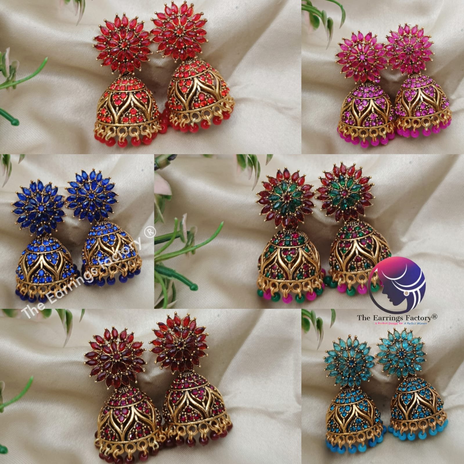 Traditional Golden Colourful Pearl Beads Floral Stone Jhumka