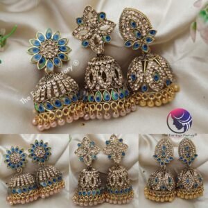 Trending Golden Pearl Beads Peacock Feather Stone Jhumka