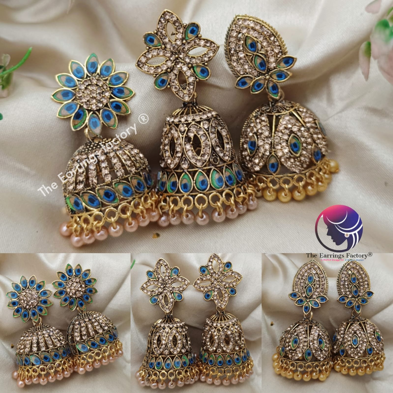 Trending Golden Pearl Beads Peacock Feather Stone Jhumka