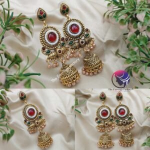 Traditional Golden Multi Stone Long Jhumka