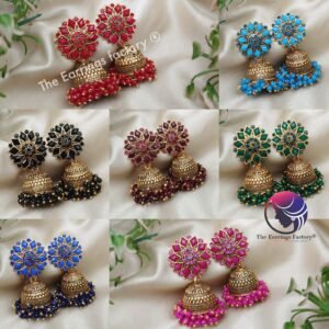 Traditional Golden Colourful Pearl Beads Floral Stone Jhumka