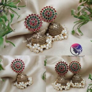Traditional Golden Colourful Multi Stone Pearl Jhumka