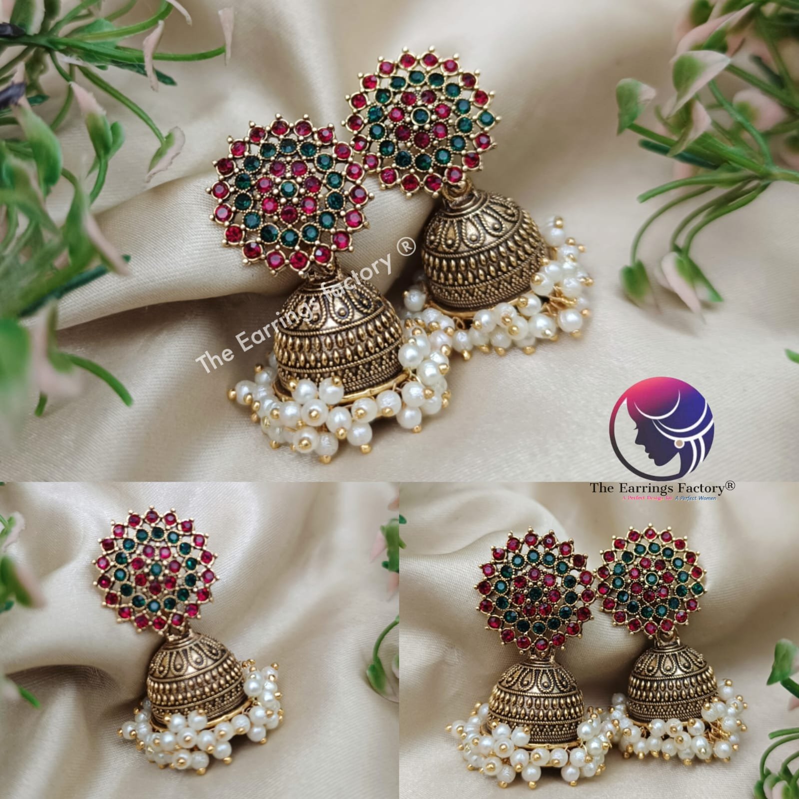 Traditional Golden Colourful Multi Stone Pearl Jhumka