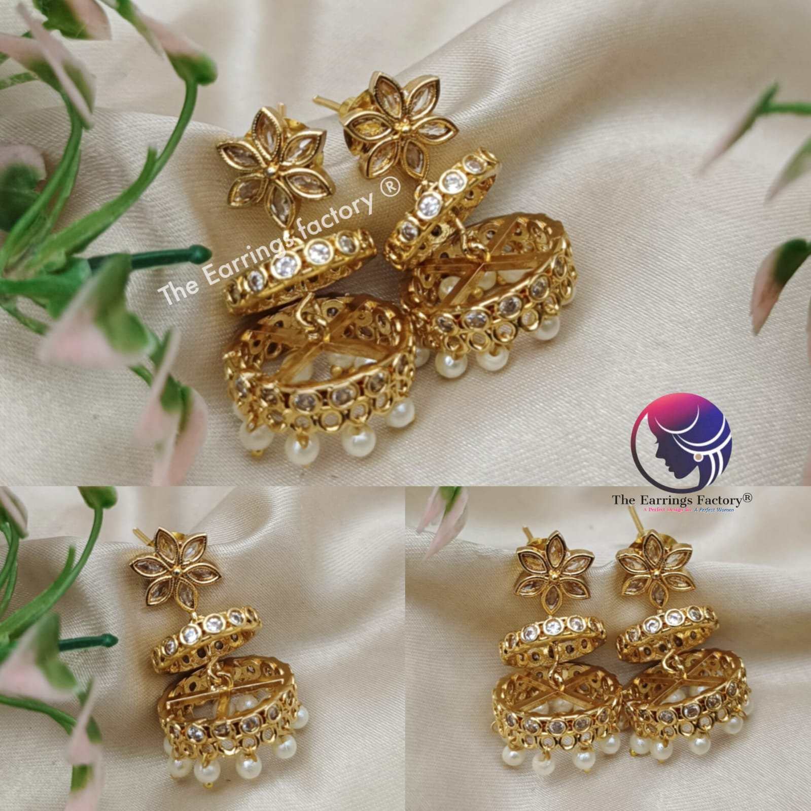 Traditional Antique Two Layer Floral Stone Jhumka