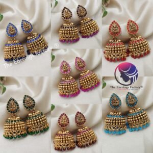 Traditional Lakshmi Golden Colourful Pearl Beads Temple Stone Jhumka