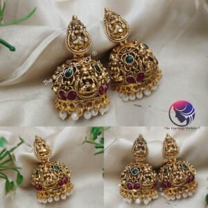Traditional Golden Lakshmi Pearl beads Stone temple Jhumka