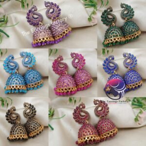 Traditional Golden Colourful Pearl Beads Peacock Stone Jhumka