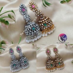 Traditional Golden | Silver Floral Stone Jhumka