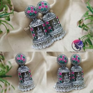 Trending Oxidised silver Lakshmi Multi Stone Temple jhumka