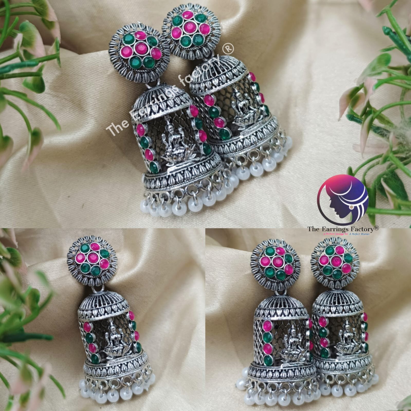 Trending Oxidised silver Lakshmi Multi Stone Temple jhumka