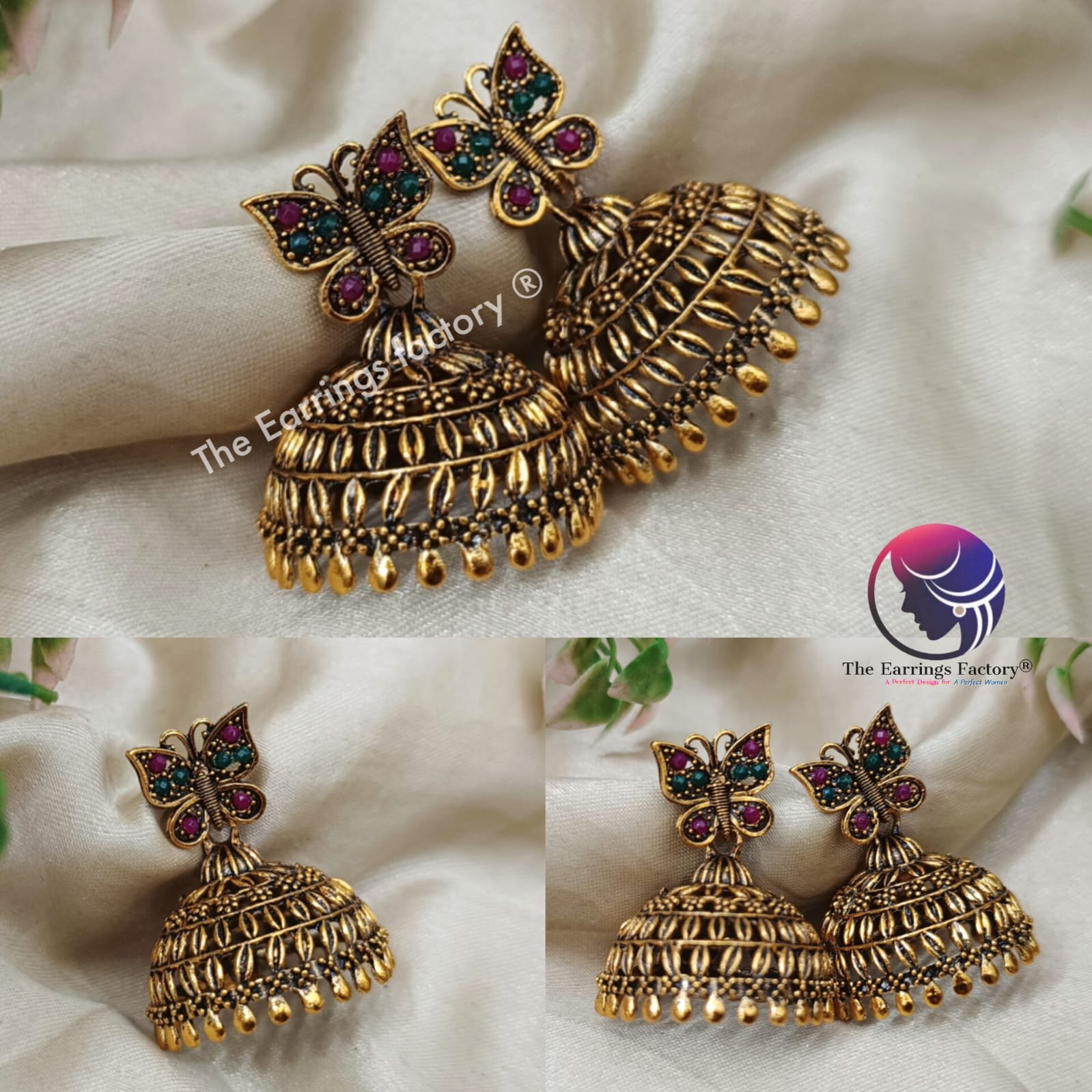 Traditional Golden Butterfly Multi Stone Jhumka