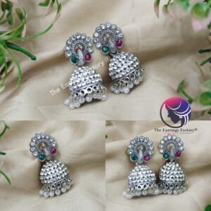 Trending Silver Pearl Beads Peacock Stone Jhumka